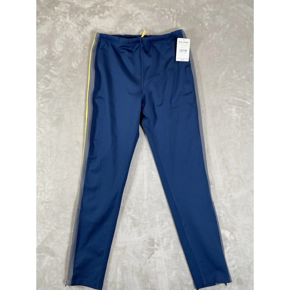 Free People Pants L Movement Blue Yellow Striped PullOn Ankle Zip Athletic NEW